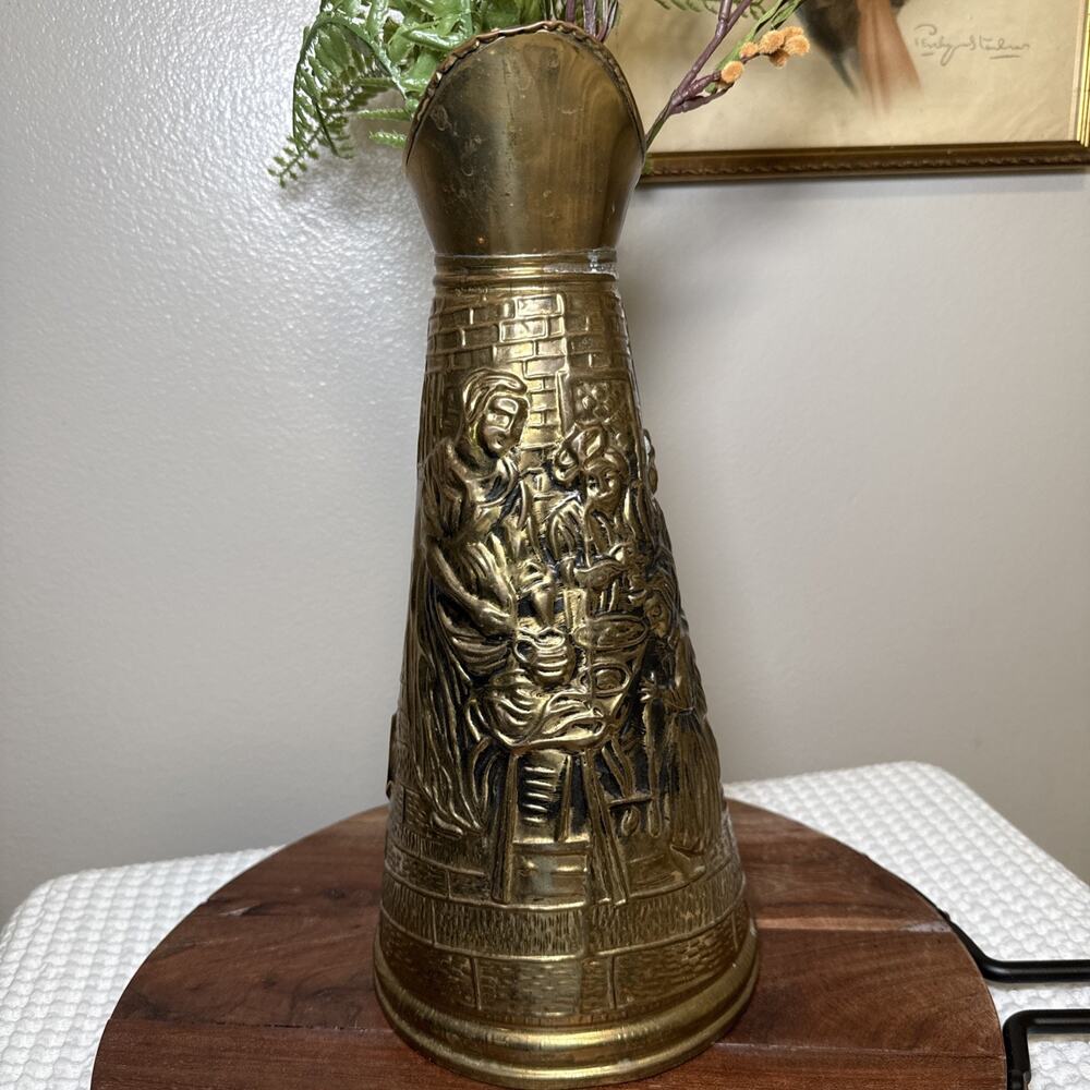 Vtg English Brass Plated Figural Pitcher Ewer 13” Hollywood Regency Vase Decor - Picture 2 of 11